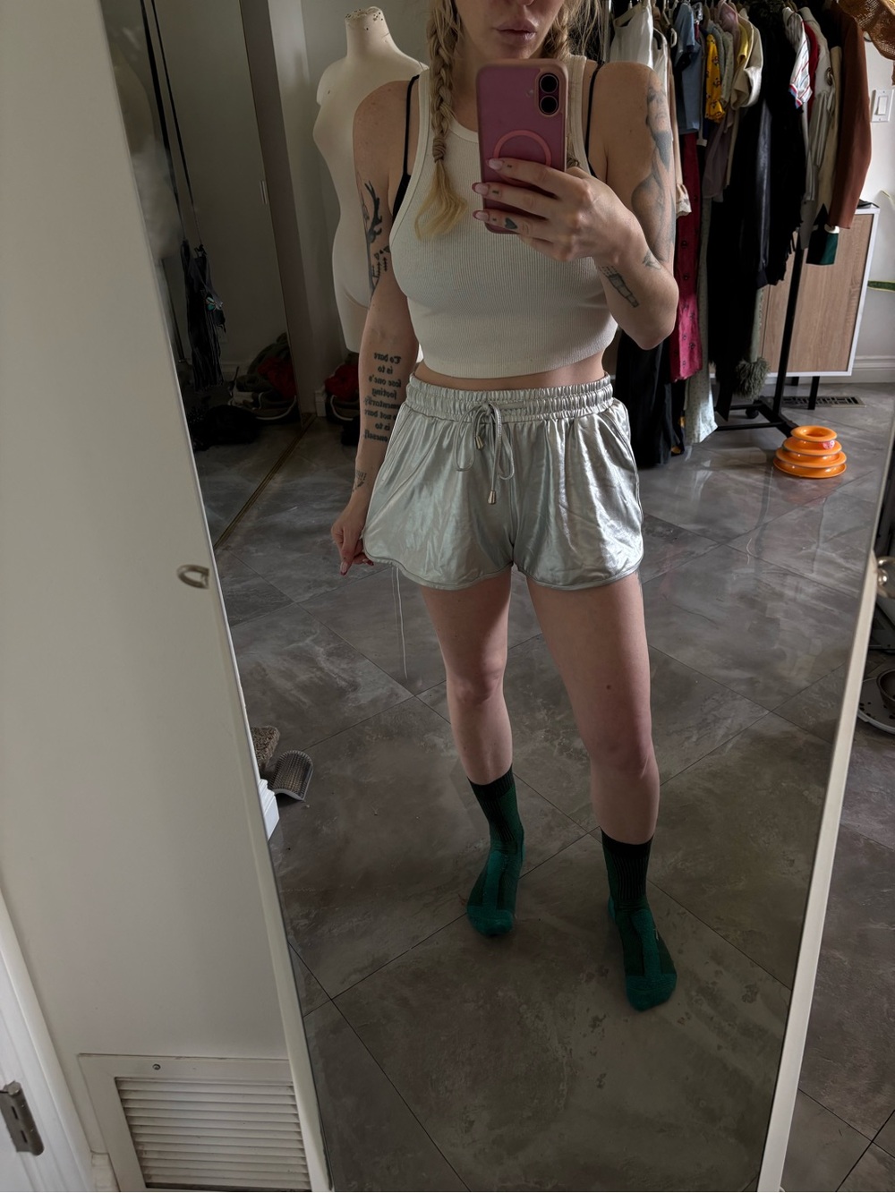 Vintage 80s Metallic Silve Drawstring track Shorts